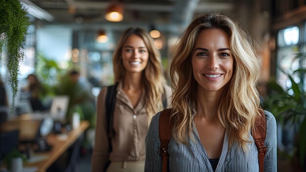 Two businesswomen walking through a modern office discussing upcoming projects with enthusiasm showcasing a strong professional bond and mutual respect