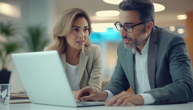 Two busy colleagues working together talking using laptop in office Middle aged Latin female manag