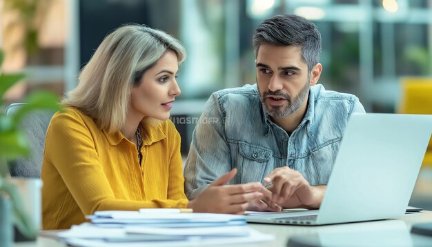 Two busy colleagues working together talking using laptop in office Middle aged Latin female manag