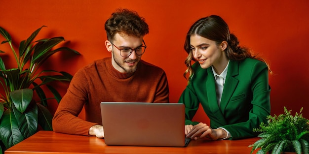 Two busy colleagues working together talking using laptop in office Middle aged Latin female manage