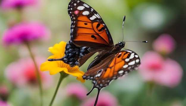 two butterflies are on a flower and one has a black spot on the center