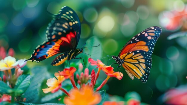 Two Butterflies Resting on Flowers