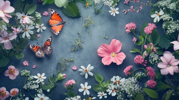 Photo two butterflies surrounded by pink and white flowers on a blue surface