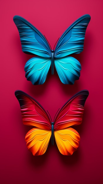 Two butterflies with different colors on a red background generative ai