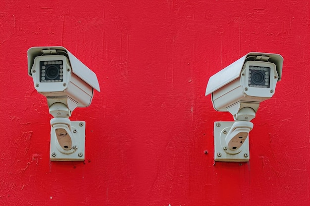 Photo two cameras mounted on a striking red wall perfect for photography enthusiasts and professionals