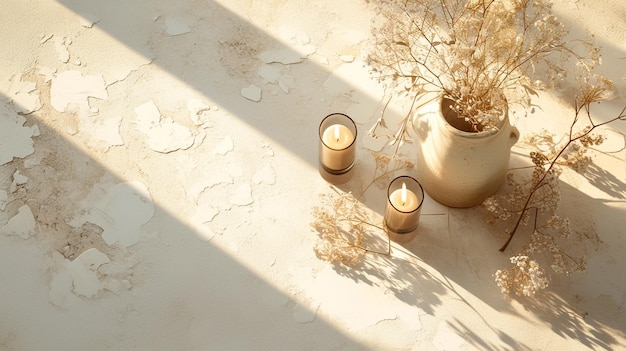 Two candles and dried flowers on white table