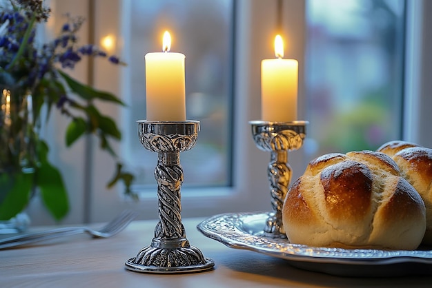 two candles sit on a table next to a candle that is lit