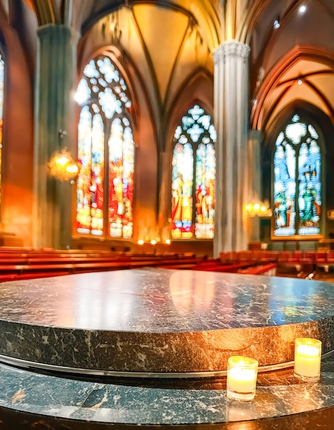 Two Candles on a Stone Altar in a Church with Stained Glass Windows