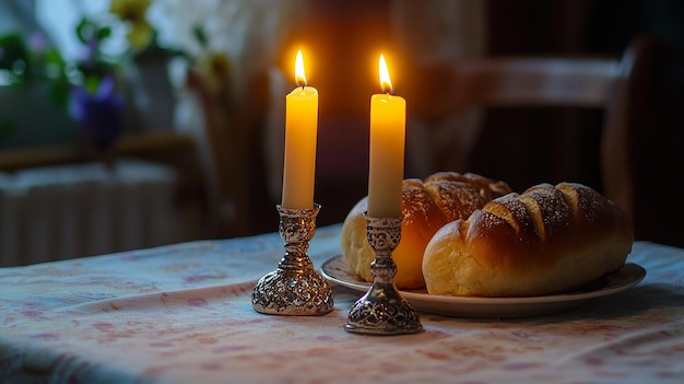 two candles on a table with a plate with bread and a plate with bread on it