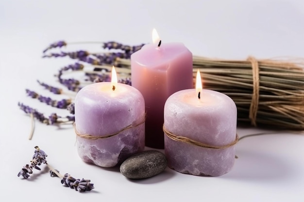 Two candles with lavender candles in front of a stone and lavender flowers.