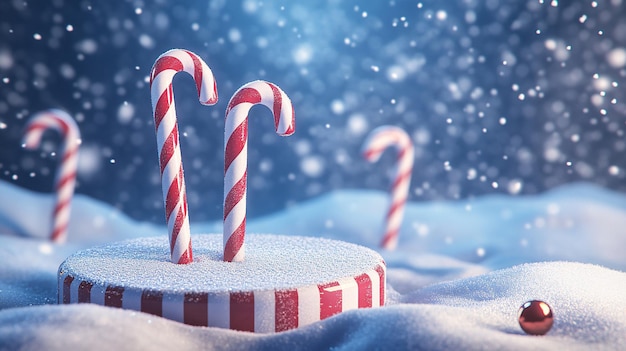 Photo two candy canes stand on a red and white striped podium with snow falling in the background