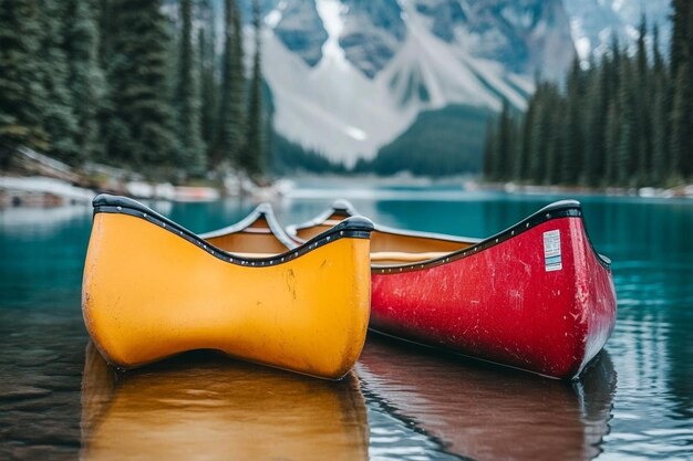 Photo two canoes on calm water beautiful mountain scene photo