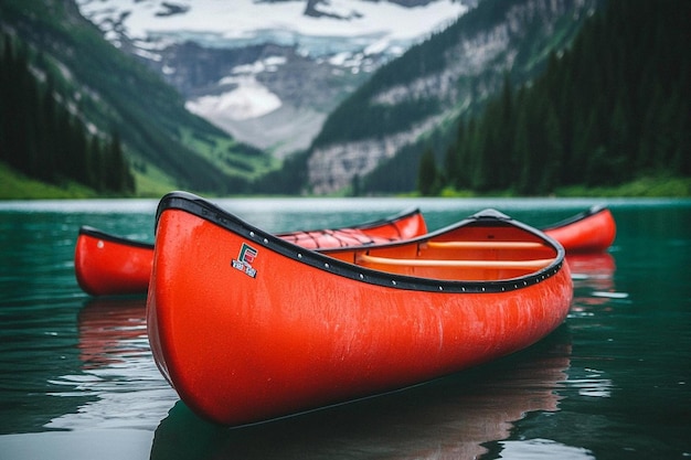 Photo two canoes on serene lake with majestic mountain photo