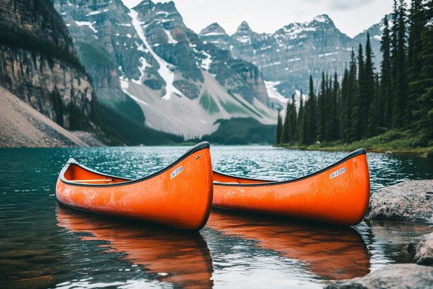 Two Canoes on Still Lake with Majestic Mountain View photo