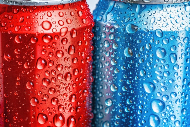 Photo two cans of soda with condensation forming droplets on the surface