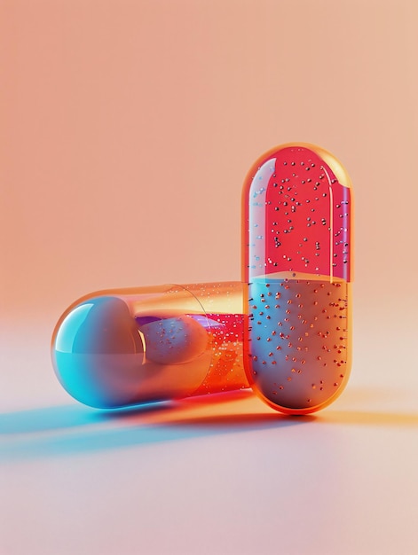 Two capsules with red and blue liquid