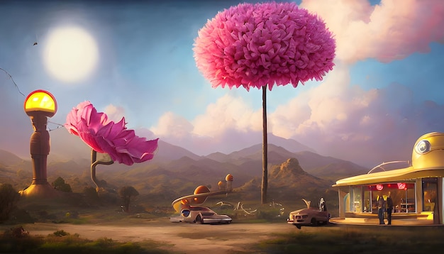 two car with giant pink flowers, and a small car and a street light.