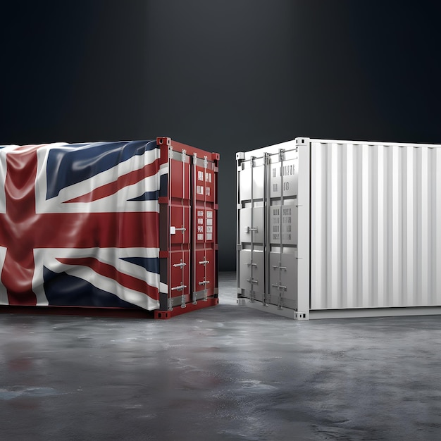 Two cargo containers Union Jack on left plain white on right For Social Media Post Size