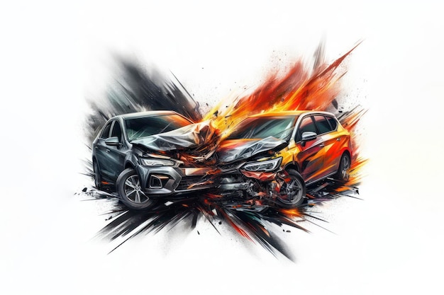 two Cars accident violently facing each other isolated on white background ai generative