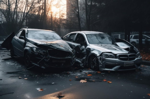 Two cars are damaged after a car accident.