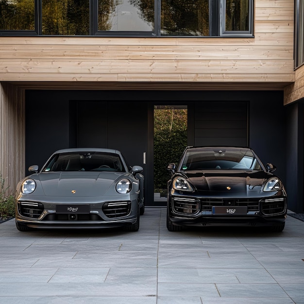 Photo two cars are parked in front of a house with a wooden wall