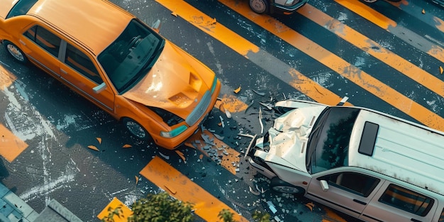 Two cars colliding at a crosswalk leaving their front ends severely damaged