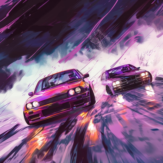 Photo two cars racing each other in a storm