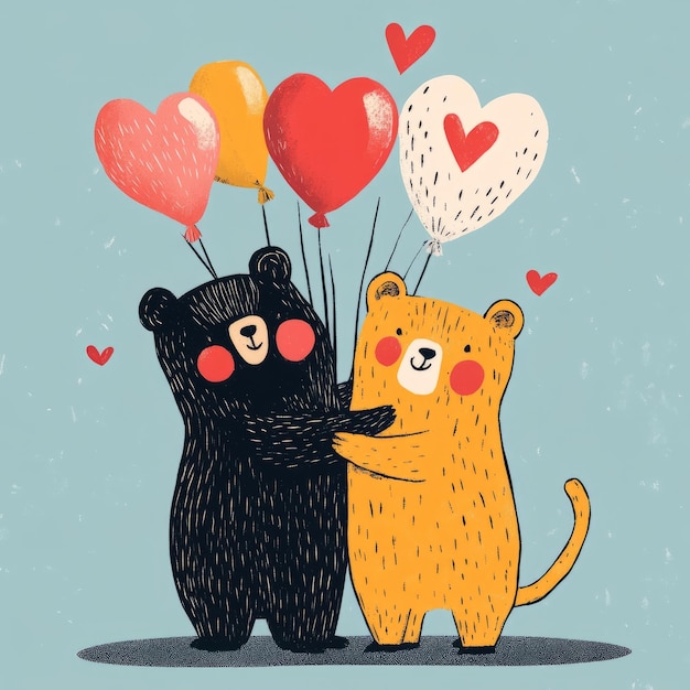 Photo two cartoon bears hugging with heart balloons