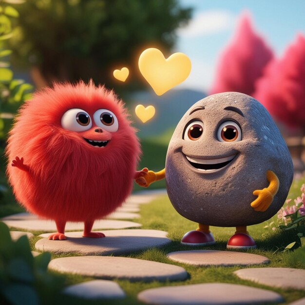 Photo two cartoon characters are holding hands and one has a heart in the middle