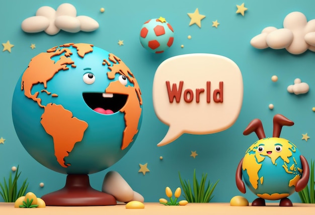 Photo two cartoon earth globes one standing one walking say world on a blue background