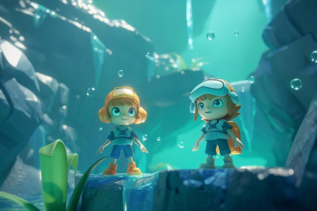 Two cartoon explorers in scuba gear discover the enchanting underwater world