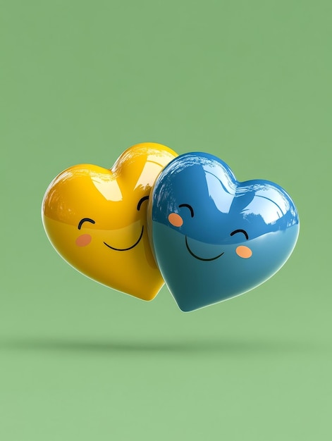 Photo two cartoon hearts with happy faces one blue and one yellow symbolize love joy friendship