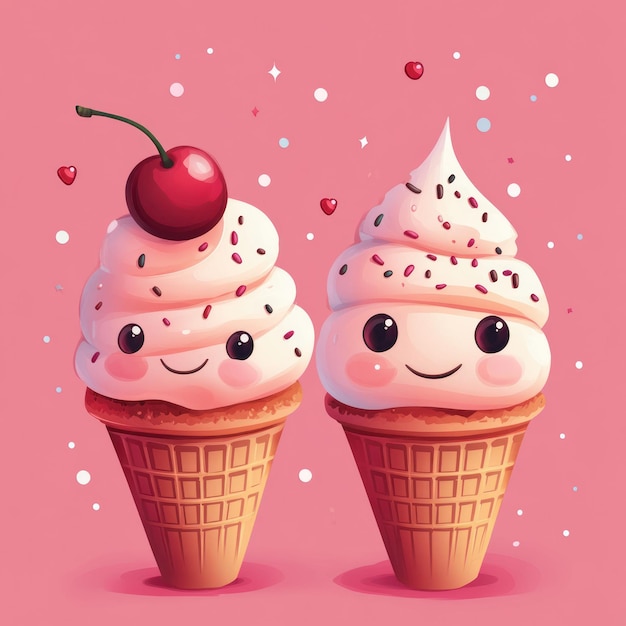 Photo two cartoon ice cream cones with cherries and sprinkles