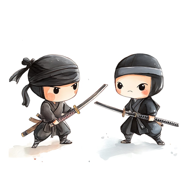 Photo two cartoon ninjas facing each other with swords