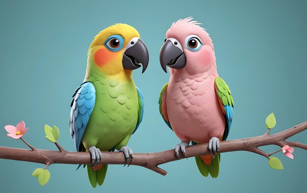 Two Cartoon Parrots on a Branch