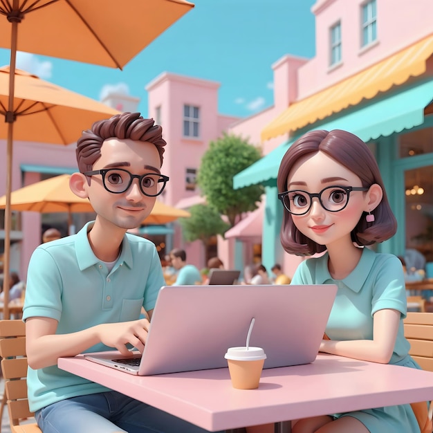 Two cartoon people working on laptops outside a cafe