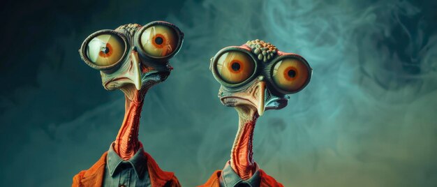 Photo two cartoon turkeys wearing shirts in front of a smoky background