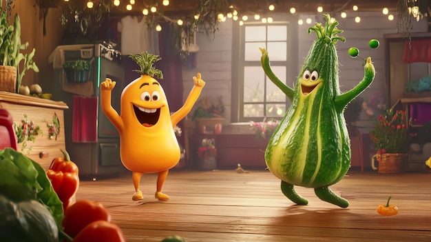 Photo two cartoon vegetables a carrot and a zucchini are dancing happily in a kitchen