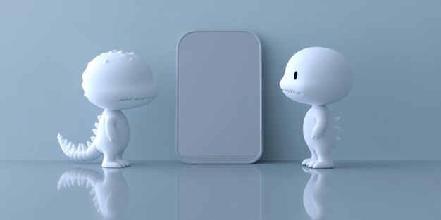 Photo two cartoonlike creatures facing a blank smartphone in a minimalist setting