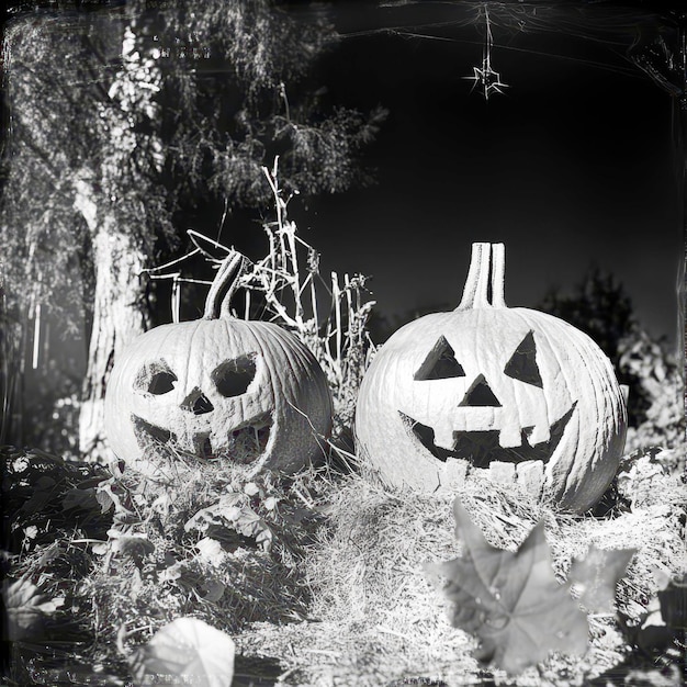 Photo two carved jackolanterns in a spooky garden during halloween night