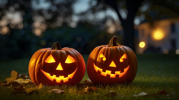 two carved pumpkins sitting on top of a lush green field