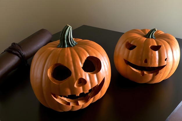 Two Carved Pumpkins Sitting On Top Of A Table