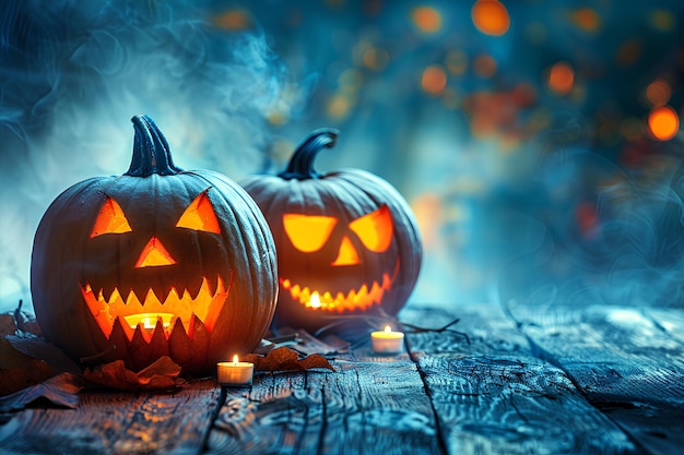 Two carved pumpkins sitting on top of a wooden table