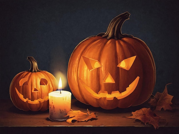 Two Carved Pumpkins with a Candle on a Wooden Table