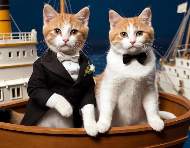 two cats are on a boat with one wearing a bow tie