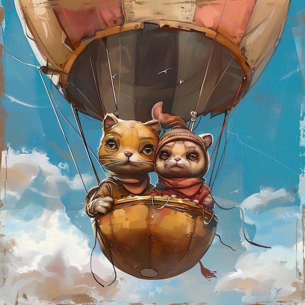 two cats are flying in a hot air balloon with a cat on the back