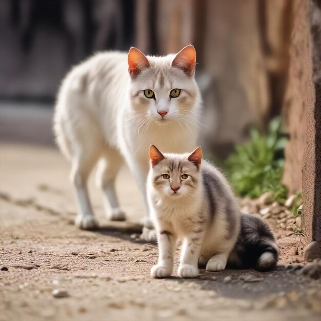 two cats are on the ground and one is a kitten