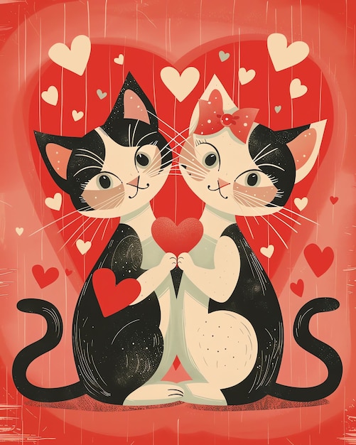 Photo two cats are holding a heart shaped heart one has a red background with many hearts