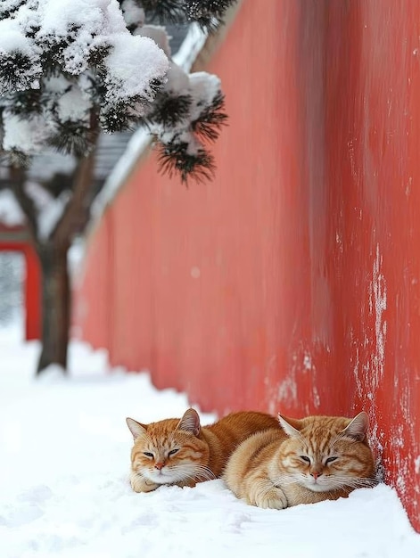 Photo two cats are laying in the snow one of which is orange and the other is white