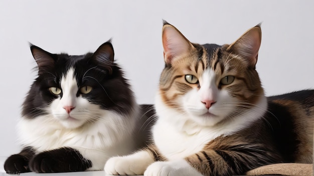 two cats are laying on a table one has a pink nose